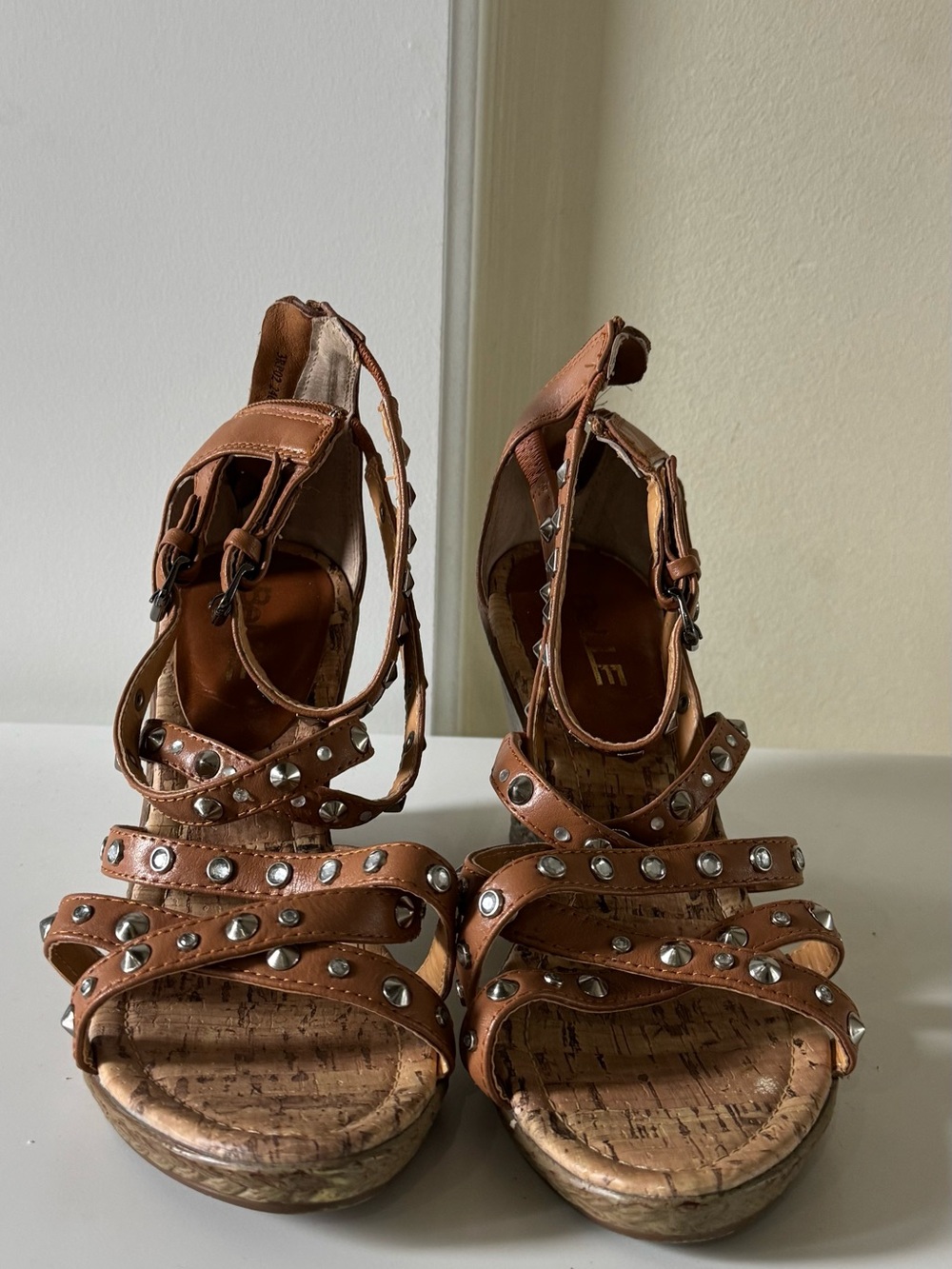 Classic Studded Leather Strappy Wedge Sandals - Tan Size 7